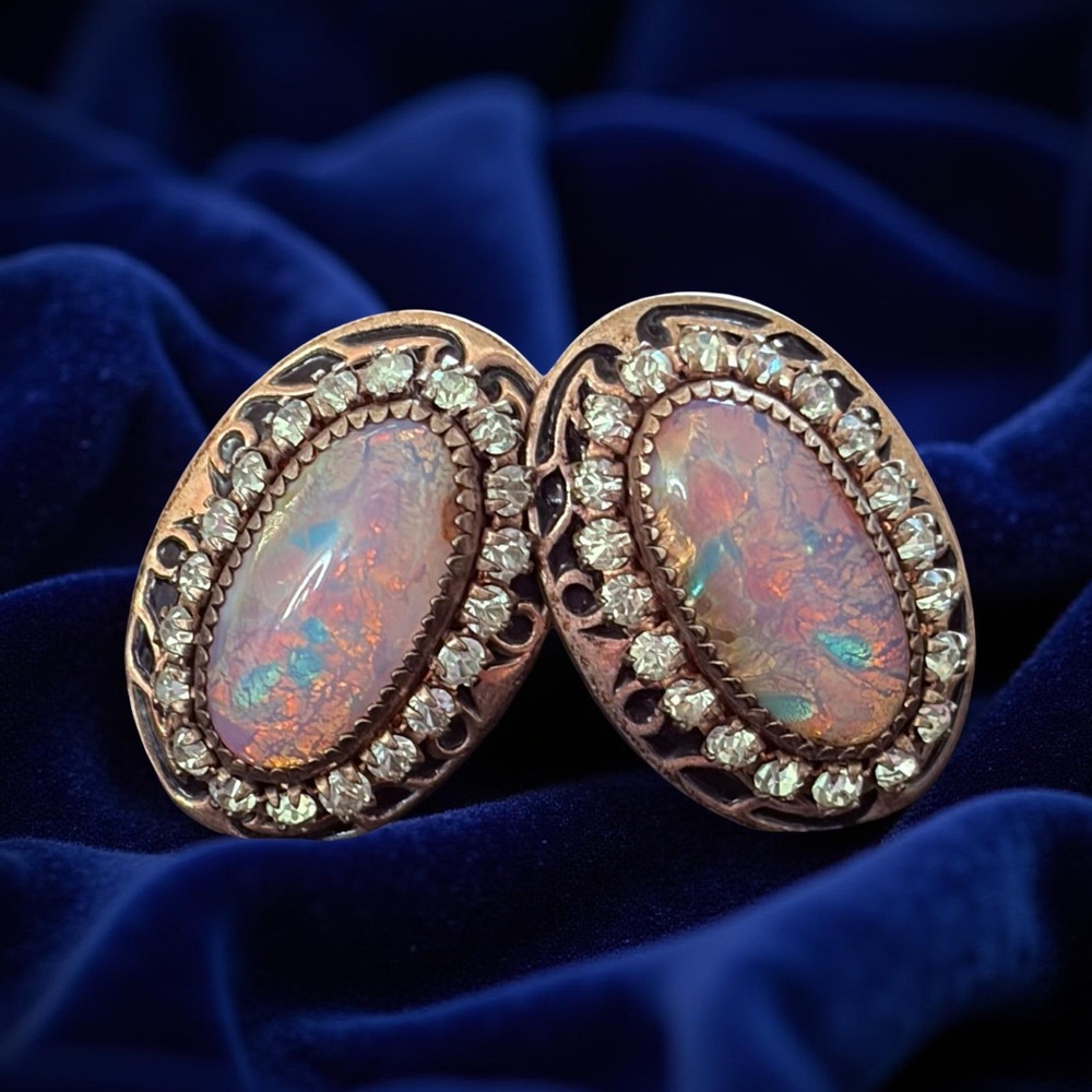 Vintage Sterling Martelli Fire Opal Glass Earrings w/ Rhinestones 1920s